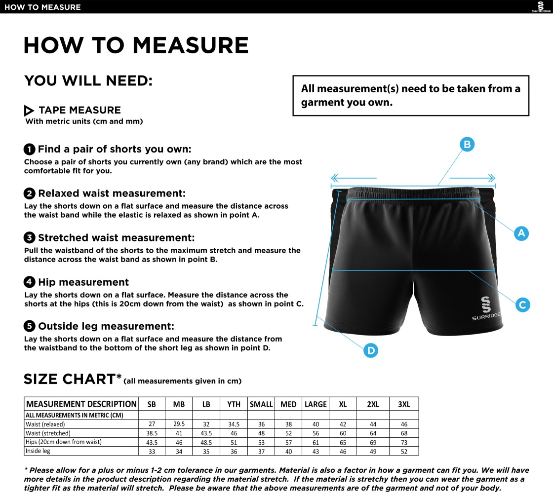 Hurst CC - Dual Gym Shorts - Size Guide