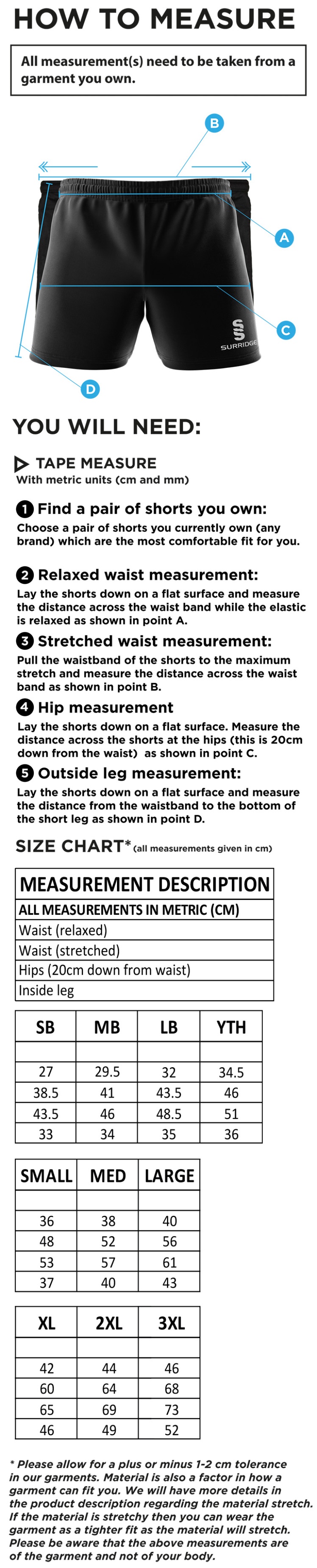 Hurst CC - Dual Gym Shorts - Size Guide