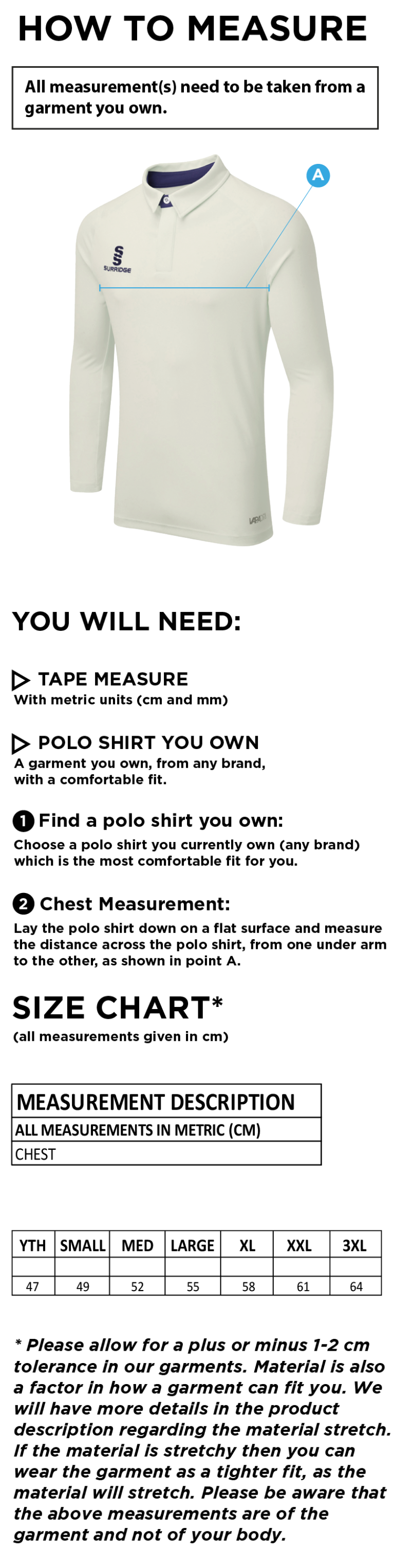 Hurst CC - Ergo Long Sleeve Playing Shirt - Size Guide