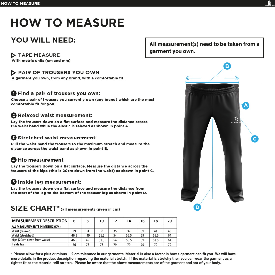 Hurst CC - Women's Poplin Track Pant - Size Guide