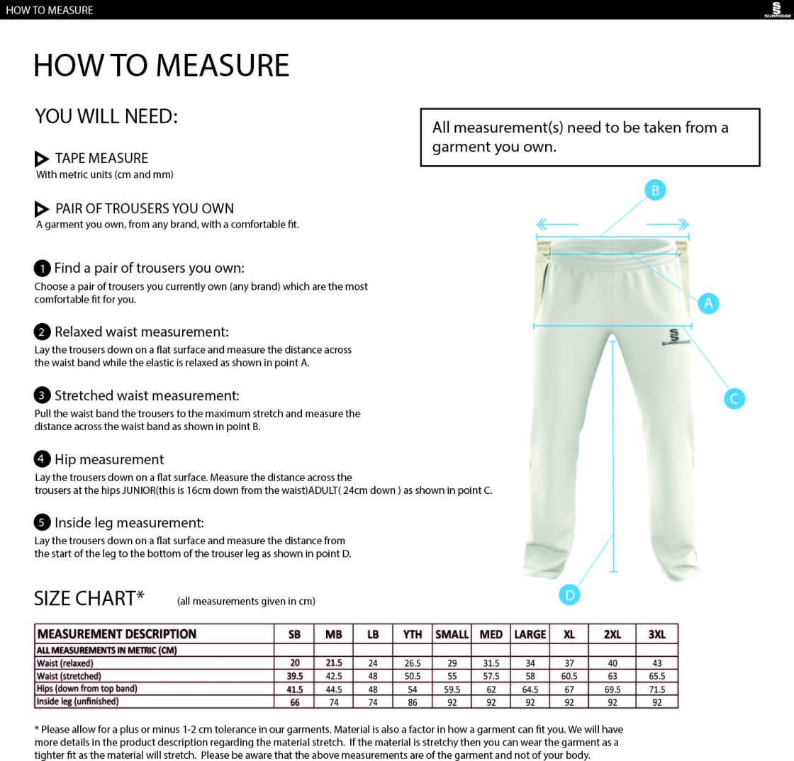 Hurst CC - Standard Playing Pant - Size Guide