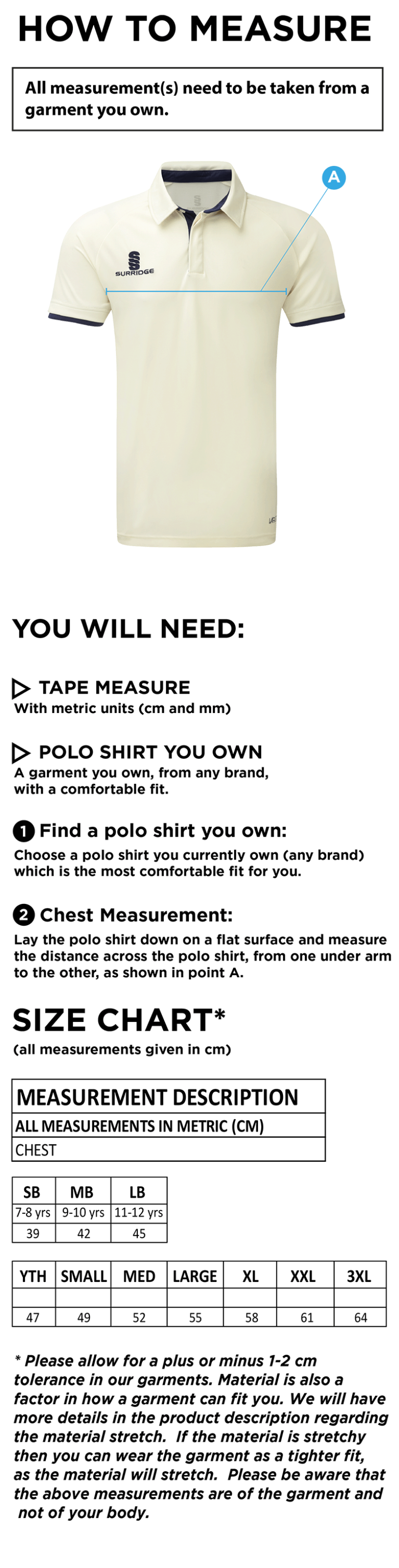Hurst CC - Ergo Short Sleeve Playing Shirt - Size Guide