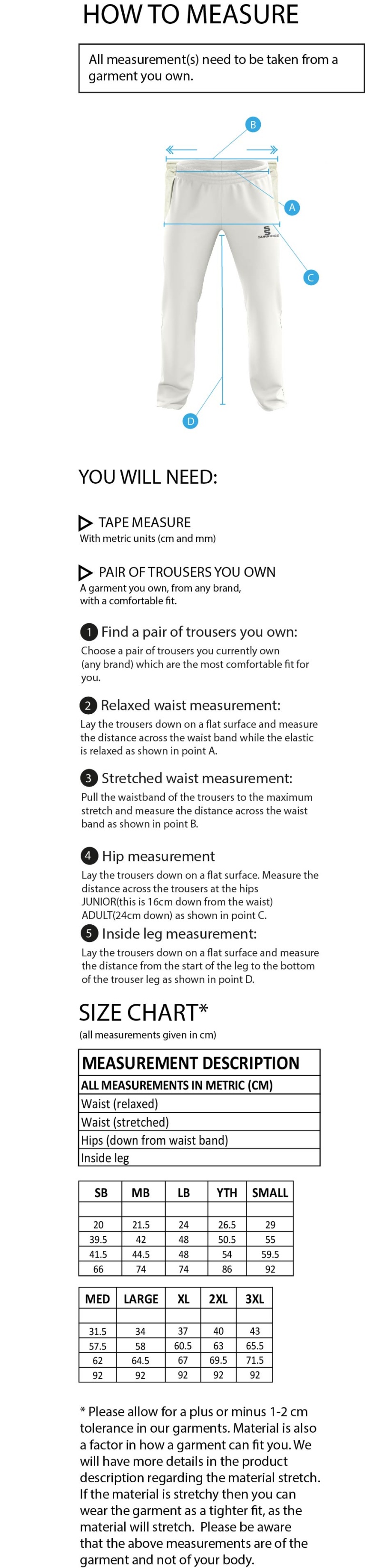 Hurst CC - Standard Playing Pant - Size Guide