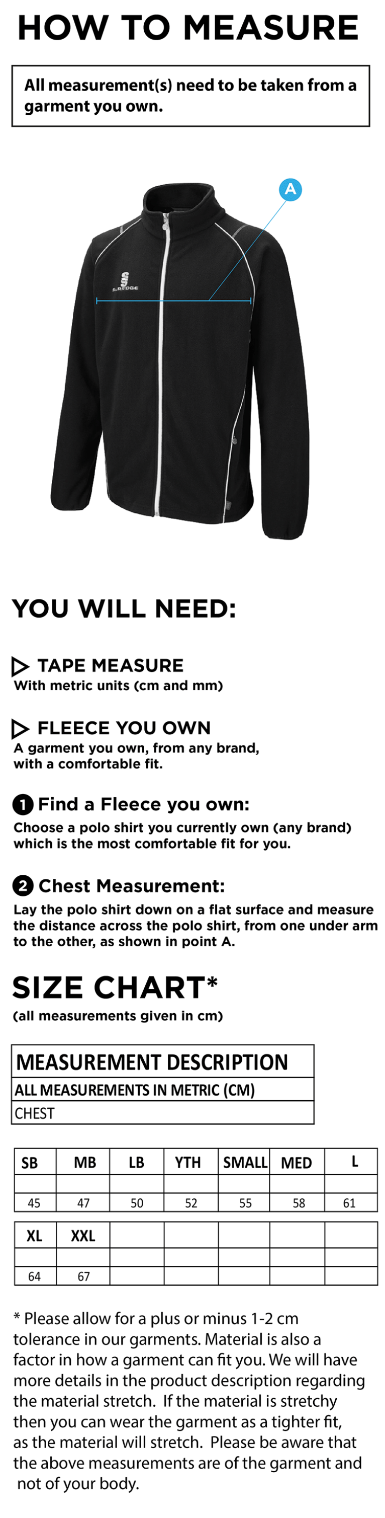 Hurst CC - Full Zip Fleece Jacket - Size Guide