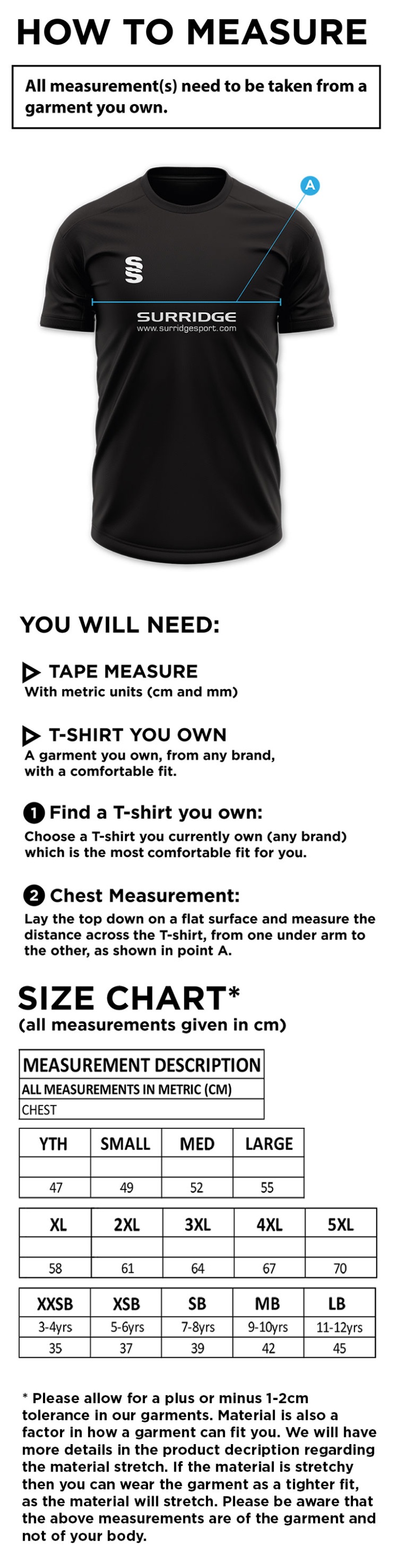 Hurst CC - Blade Training T-shirt - Size Guide
