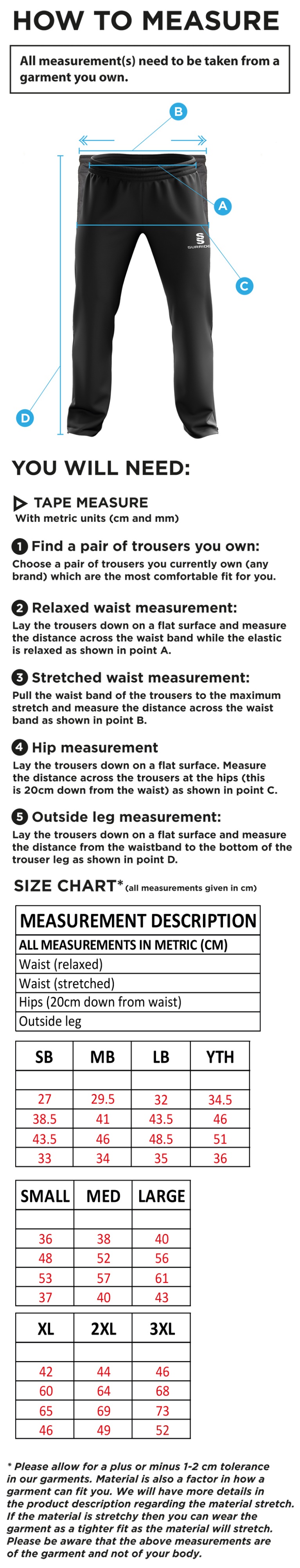Hurst CC - Ripstop Track Pant - Size Guide