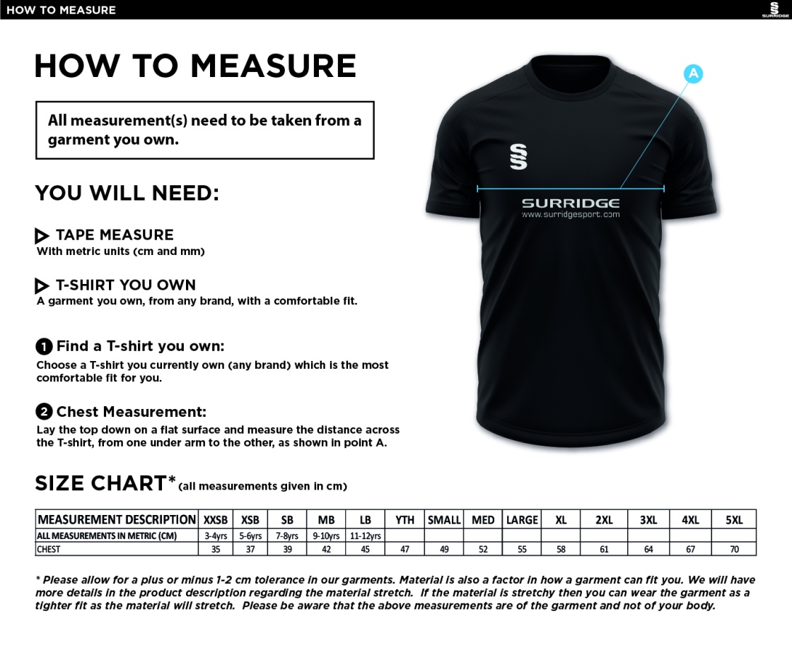 Hurst CC - Blade Training T-shirt - Size Guide