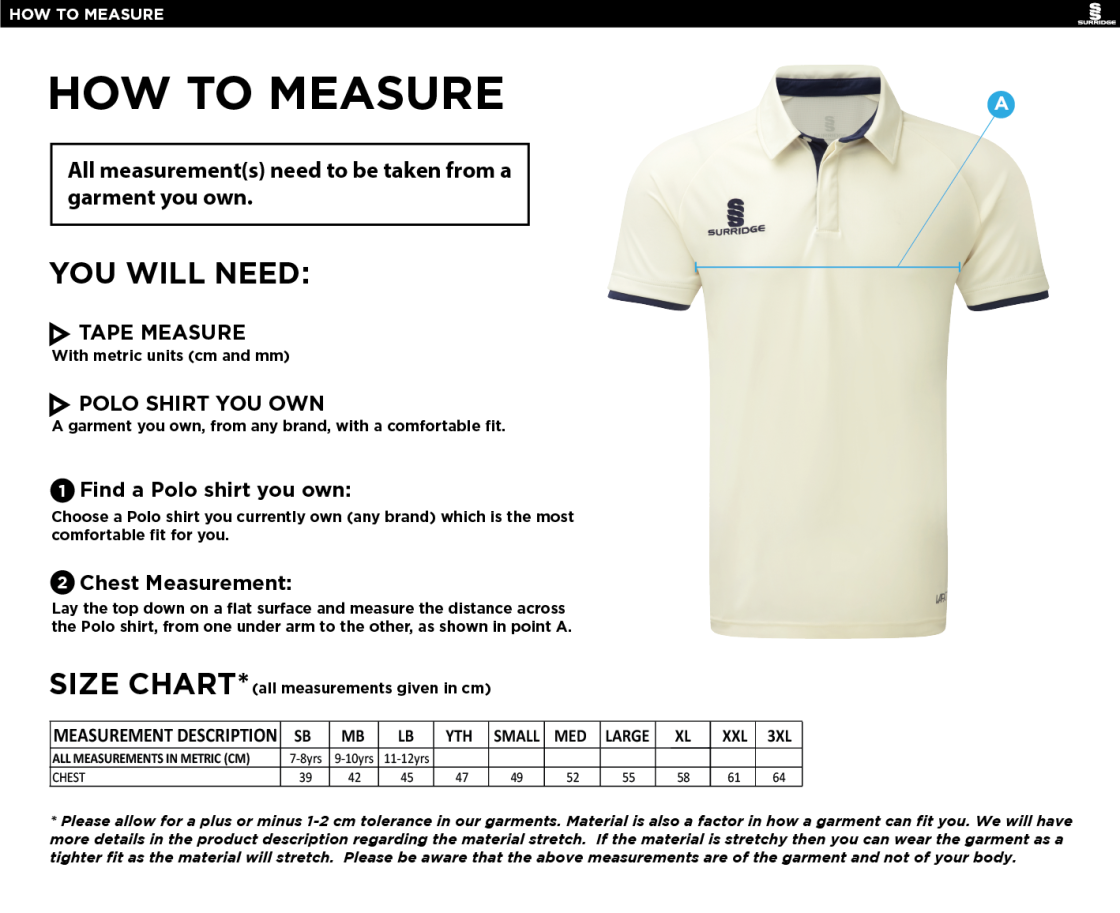Hurst CC - Ergo Short Sleeve Playing Shirt - Size Guide