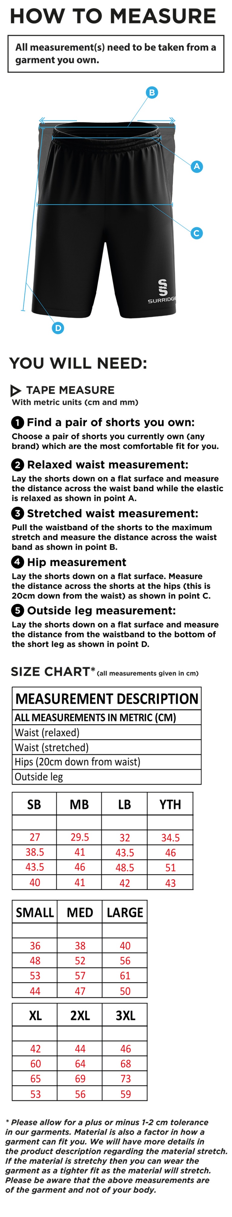 Hurst CC - Ripstop Leisure Shorts - Size Guide