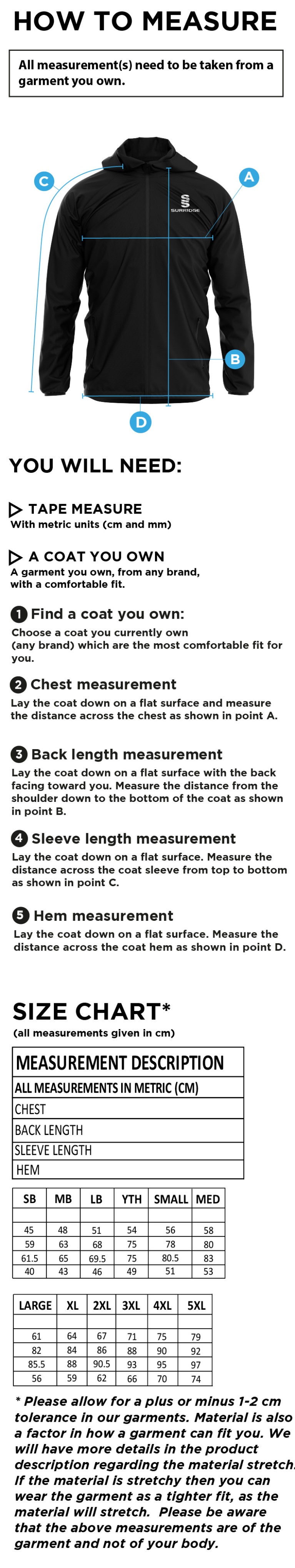 Hurst CC - Lightweight Full Zip Training Jacket - Size Guide