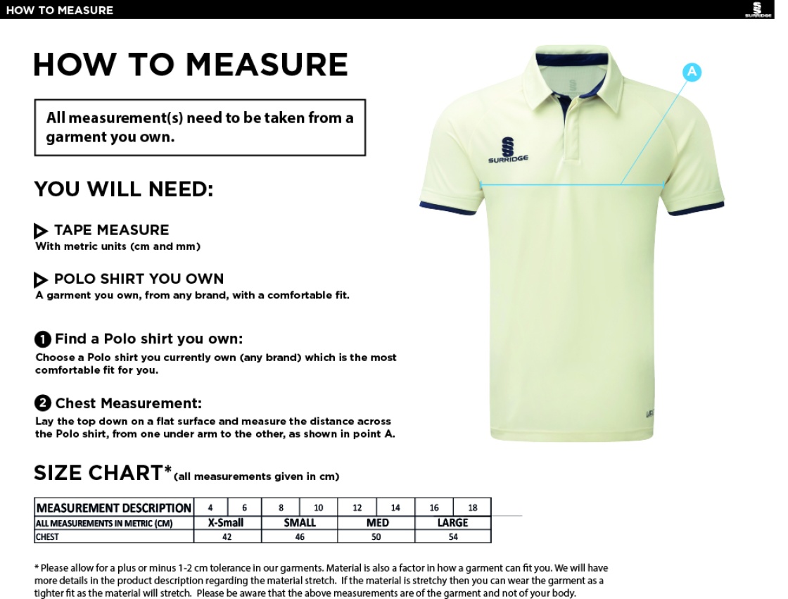 HURST CC Dual Cricket Shirt Short Sleeve Womens - Size Guide