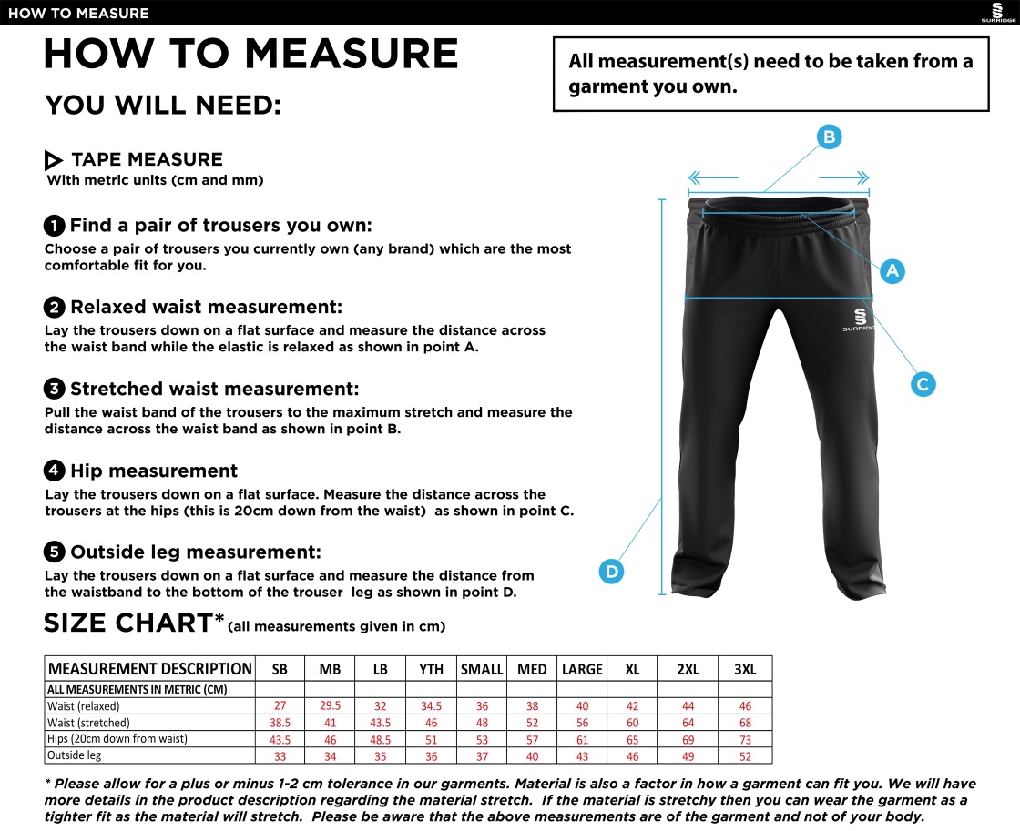 Hurst CC - Ripstop Track Pant - Size Guide