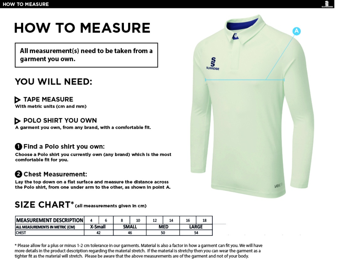 HURST CC DUAL LONG SLEEVE CRICKET SHIRT (WOMENS)-Ivory - Size Guide