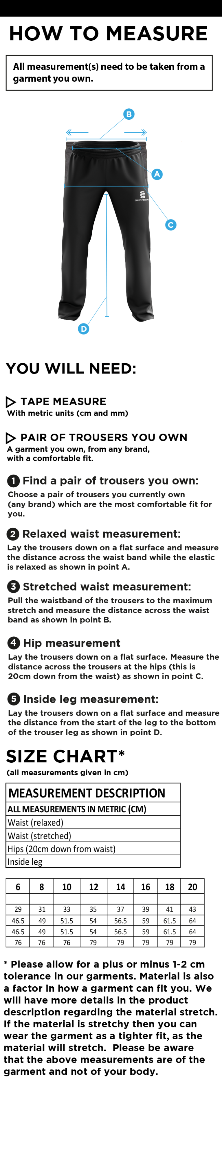 Hurst CC - Women's Poplin Track Pant - Size Guide