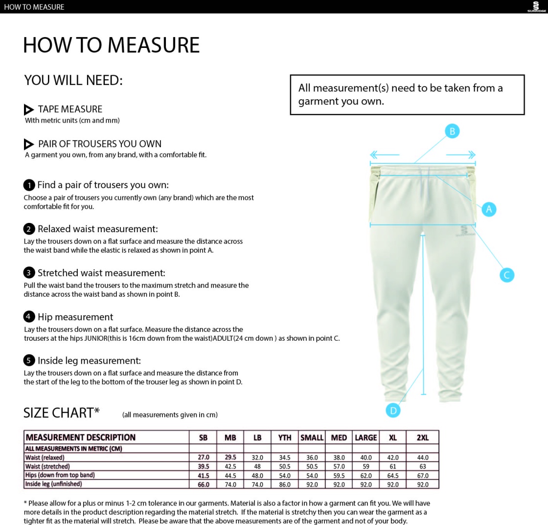 Hurst CC - Tapered Fit Cricket Trousers - Size Guide