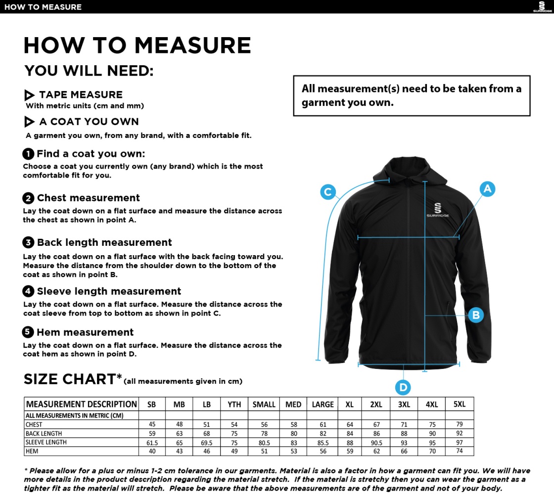 Hurst CC - Lightweight Full Zip Training Jacket - Size Guide
