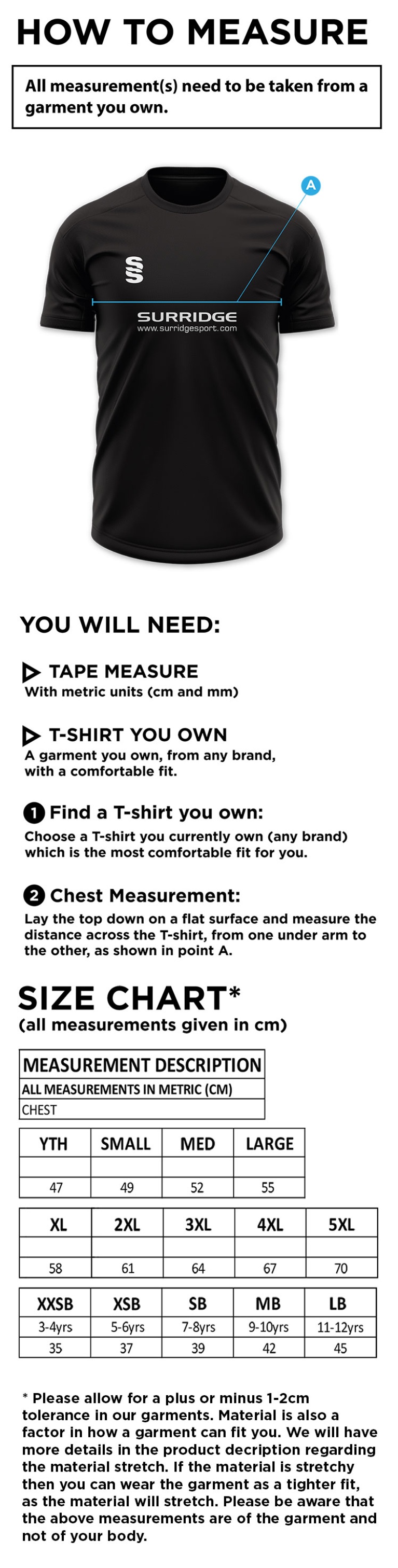 Hurst CC - Blade Training T-shirt - Size Guide