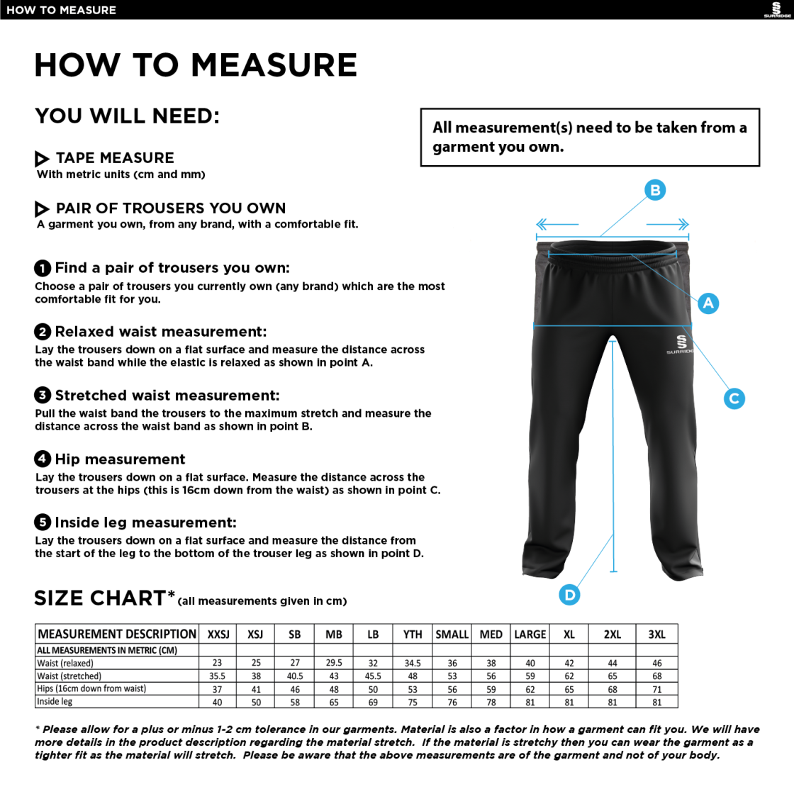 Hurst CC - Poplin Track Pant - Size Guide