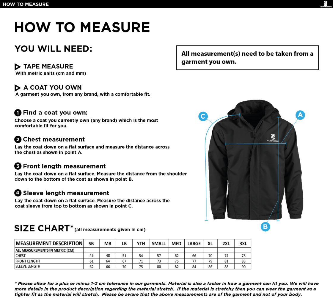 Hurst CC - Fleeced Line Jacket - Size Guide