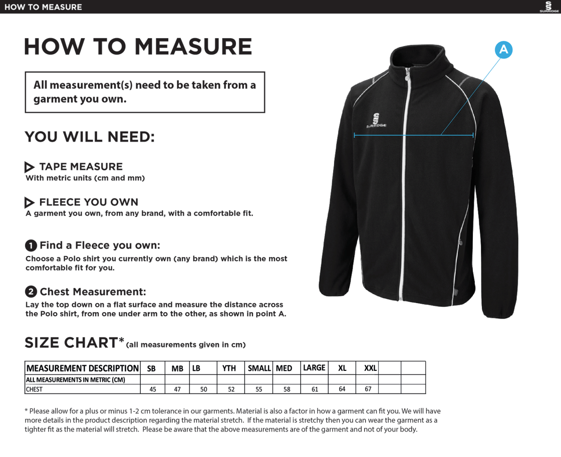 Hurst CC - Full Zip Fleece Jacket - Size Guide