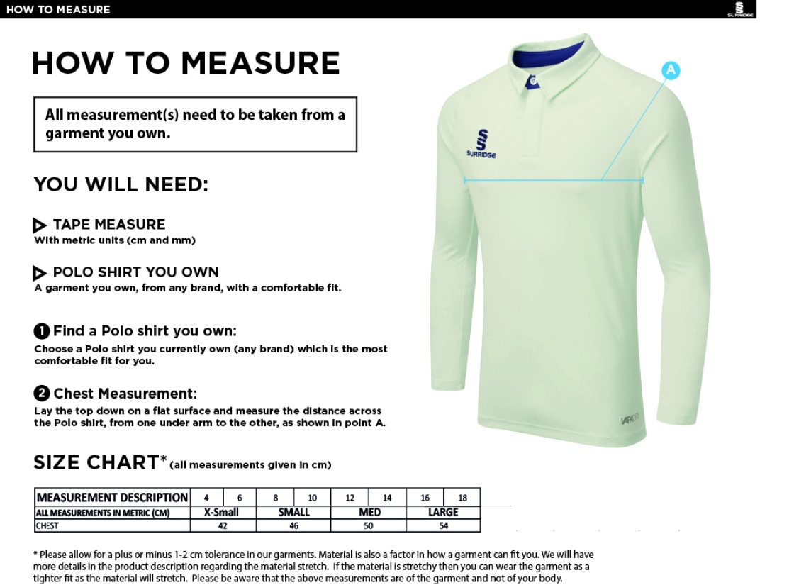 HURST CC DUAL LONG SLEEVE CRICKET SHIRT (WOMENS)-Ivory - Size Guide