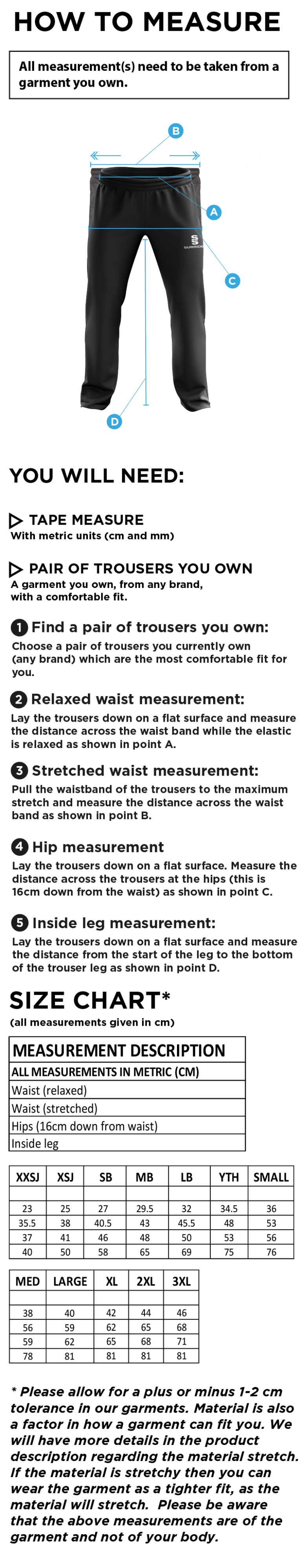 Hurst CC - Poplin Track Pant - Size Guide