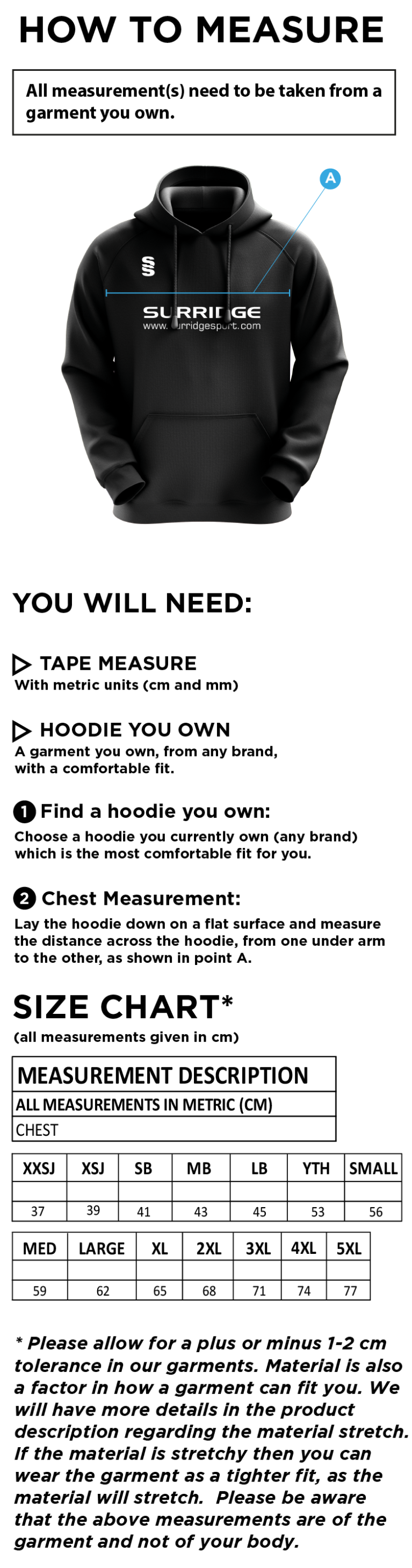 Hurst CC - Fuse Hoody - Size Guide