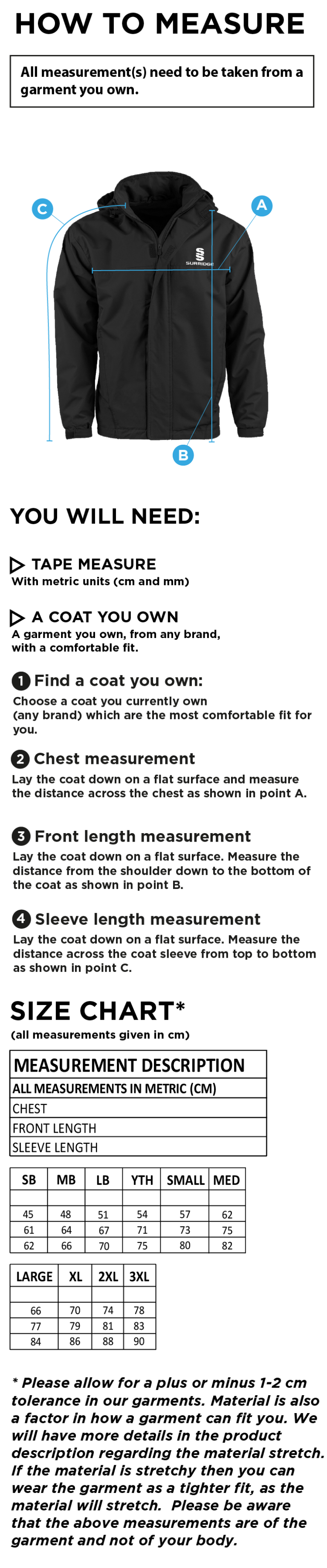 Hurst CC - Fleeced Line Jacket - Size Guide